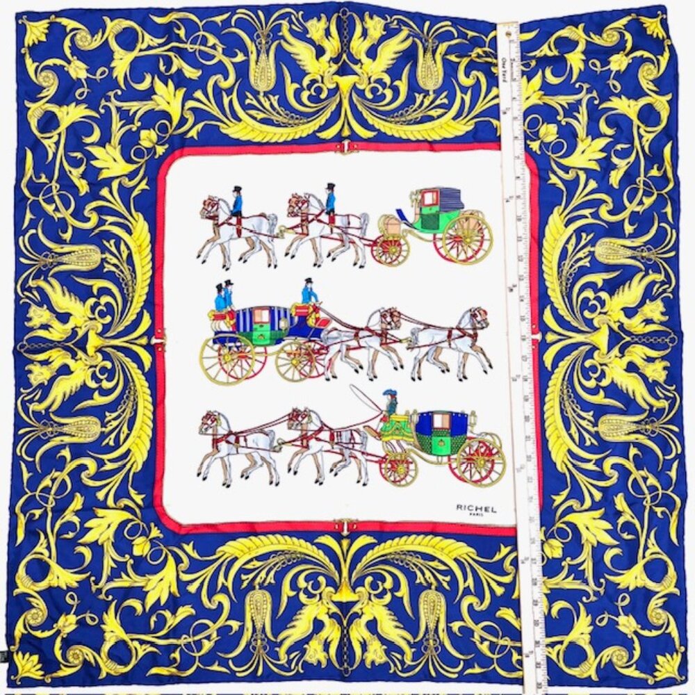 RICHEL Paris Silk Satin Scarf 34" blue gold white horse carriage, Italy Made(57 - Picture 8 of 9